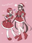  ! 2girls belt black_belt boots bow bowtie brown_hair capelet christmas commentary_request danganronpa_(series) danganronpa_v3:_killing_harmony dress eyelashes full_body fur-trimmed_capelet fur-trimmed_dress fur-trimmed_headwear fur_trim green_bow green_bowtie hair_ornament hair_scrunchie hand_on_own_hip harukawa_maki hat height_difference holding holding_sack long_hair low_twintails merry_christmas mole mole_under_eye multiple_girls one_eye_closed pink_background plaid_bow plaid_bowtie plaid_clothes red_dress red_eyes red_hair sack santa_costume santa_dress santa_hat scrunchie short_hair spoken_exclamation_mark standing star_(symbol) twintails very_long_hair yoshitaka_(palooo) yumeno_himiko 