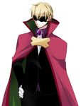  1boy blazblue blazblue:_bloodedge_experience blindfold blonde_hair cape formal gloves hand_on_hip high_collar male male_focus mask motion relius_clover short_hair simple_background suit white_background younger 