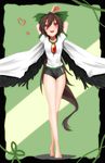  :d adapted_costume arms_behind_head arms_up bad_id bad_pixiv_id bare_legs barefoot bird_wings black_wings brown_hair buruma cape commentary_request crossed_legs frame full_body green_background gym_uniform hair_bobbles hair_ornament heart legs long_hair open_mouth red_eyes reiuji_utsuho shirt short_sleeves smile solo standing third_eye touhou very_long_hair wings yamato_(muchuu_paradigm) 