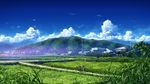  1girl black_hair blue_sky bokuden butterfly_net child cloud commentary_request day field grass hand_net hat highres hill house landscape long_hair mountain net original outdoors path power_lines rice_paddy road scenery short_hair sky straw_hat summer telephone_pole village 