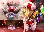  bat_wings blonde_hair blue_hair bow bug commentary crack directional_arrow failure flandre_scarlet fly hat headwear_removed insect maru_daizu_(aqua6233) multiple_girls remilia_scarlet ribbon short_hair side_ponytail sketch touhou upside-down wings 