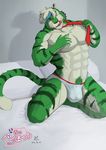  ?? alang anthro biceps big_muscles bulge feline fur green_fur kneeling male mammal muscles necktie pecs simple_background solo tiger underwear 