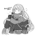  1girl belt belt_pouch bkornblume buttons closed_eyes coat cornflower covered_mouth cropped_torso double-breasted flower gloves greyscale hand_up highres holding holding_flower long_hair long_sleeves monochrome pouch reverse:1999 rikini_sushi sam_browne_belt scarf scarf_over_mouth solo straight_hair translation_request upper_body very_long_hair white_background 