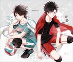  black_hair haikyuu!! jacket_on_shoulders knee_pads kuroo_tetsurou michi_(iawei) multiple_boys oikawa_tooru_(haikyuu!!) sportswear volleyball 