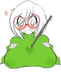  1girl bad_id bad_tumblr_id blush breasts brown_hair covered_nipples cum cum_in_clothes glasses green_shirt kimmi large_breasts nikki_(swapnote) paizuri paizuri_under_clothes penis red-framed_eyewear round_eyewear shirt short_hair solo_focus stylus swapnote sweater turtleneck 