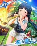  bamboo blue_hair breasts brown_hair character_name cleavage fire grill grilling idolmaster idolmaster_million_live! jewelry kitakami_reika long_hair medium_breasts multiple_girls necklace official_art shorts tenkuubashi_tomoka twintails 