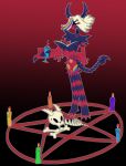 accessory ambiguous_gender anthro aries_(plentyofsoup) arm_tattoo arm_tuft belly blonde_hair blue_tongue bone book candle choker claws container covered_eyes cup demon dewclaw digital_drawing_(artwork) digital_media_(artwork) elbow_tuft fire full-length_portrait fur glistening glistening_claws glistening_tail gradient_background hair hair_accessory hairclip hi_res holding_book holding_container holding_cup holding_object horn horn_spikes jewelry leg_tattoo markings multicolored_hair multicolored_markings necklace occult_symbol outline pentagram pentagram_necklace pentagram_tattoo pink_belly plentyofsoup ponytail portrait purple_body purple_claws purple_feet purple_fur purple_horn purple_spikes purple_tail rainbow_hair rainbow_markings reading reading_book red_arms red_body red_claws red_face red_hands rib_cage scorpion_tail simple_background skeleton skull smile smiley_face solo spikes spikes_(anatomy) standing striped_body striped_legs stripes summoning summoning_circle symbol tail tattoo toe_claws tongue tongue_out tuft white_outline