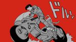  1boy akira_(manga) ben-day_dots boots drops_bkr greyscale_with_colored_background highres jacket kaneda_shoutarou&#039;s_bike kaneda_shoutarou_(akira) long_sleeves looking_ahead male_focus motor_vehicle motorcycle on_motorcycle open_mouth pants red_background screentones simple_background solo standing teeth upper_teeth_only 