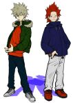 2boys alternate_costume bakugou_katsuki black_pants blonde_hair blue_jacket boku_no_hero_academia closed_mouth colored_shadow commentary_request converse crew_neck drawstring full_body green_jacket hand_on_own_hip hood hood_down hooded_jacket jacket kirishima_eijiro long_sleeves looking_at_viewer looking_to_the_side male_focus multiple_boys open_clothes open_jacket orange_shirt pants parted_lips red_eyes red_hair shadow shirt shoelaces shoes side-by-side sideways_glance smile sneakers spiked_hair standing tsuki_(artist) white_pants 