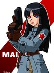  bangs black_hair blue_eyes blunt_bangs character_name dragon_ball dragon_ball_(classic) eyeshadow gloves gun handgun lipstick long_hair mai_(dragon_ball) makeup older pistol robert_j_case solo trench_coat trigger_discipline uniform weapon 