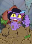 absurd_res anthro big_breasts big_fangs black_hair breasts bubble catty_(undertale) cave digital_media_(artwork) dirty domestic_cat eyelashes fangs fart fart_fetish felid feline felis female fur gas gassy gesture hair hand_gesture hi_res looking_at_viewer mammal messy mud mud_bath mud_covered mud_pit muddy multicolored_hair open_mouth overweight overweight_anthro overweight_female purple_body purple_fur sebaku smelly smile solo stalactite teeth text tongue undertale undertale_(series) wam yellow_eyes