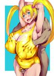 1boy 1girl armpit armpits arms_up blonde_hair blue_eyes blush breast_grab breasts censored dark-skinned_male gigantic_breasts grabbing highres huge_nipples long_hair long_twintails mosaic_censoring mozuku_(djpw) nipples open_mouth original penis puffy_nipples shiny swimsuit thigh_sex twintails 
