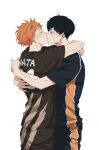  2boys arms_around_back arms_around_neck black_eyes black_hair black_shirt blush closed_mouth commentary haikyuu!! highres hinata_shouyou kageyama_tobio karasuno_volleyball_uniform kiss looking_at_another male_focus multiple_boys muri12220621 orange_hair profile romaji_text shirt short_hair short_sleeves simple_background small_sweatdrop sportswear volleyball_uniform white_background yaoi 