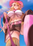  1girl bandana belt blonde_hair blue_sky breasts brown_boots brown_hair brown_shorts cloud cowboy_hat cowgirl_(western) green_eyes hat highleg highleg_panties holding holding_leash large_breasts lazik_1337 leash long_hair looking_at_viewer lulu_lasso navel navel_piercing nexas_(vtuber) panties piercing pink_bandana pink_belt pink_leash pov second-party_source shirt short_shorts shorts sky smile solo thighhighs tied_shirt underwear viewer_on_leash virtual_youtuber white_shirt 