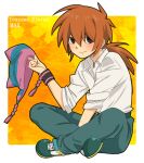  1boy ar_(rikuesuto) black_eyes blush closed_mouth collared_shirt commentary_request copyright_name hat holding holding_hat holding_unworn_clothes inazuma_eleven inazuma_eleven_(series) long_hair looking_at_viewer male_focus matsuno_kuusuke orange_hair pants ponytail shirt shoes simple_background sitting sleeves_rolled_up solo unworn_hat unworn_headwear white_shirt 