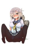  bad_id bad_twitter_id breasts eigetu gloves green_eyes hair_ornament hair_over_one_eye hamakaze_(kantai_collection) hand_on_own_chest highres kantai_collection large_breasts machinery no_shoes open_mouth panties panties_under_pantyhose pantyhose school_uniform serafuku short_hair short_sleeves silver_hair sitting skirt solo spread_legs underwear white_gloves 