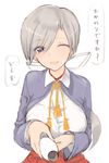  blush chitose_(kantai_collection) collared_shirt hair_ribbon holding kantai_collection kuuro_kuro long_hair long_sleeves looking_at_viewer one_eye_closed open_mouth ponytail ribbon shirt silver_eyes silver_hair simple_background smile solo text_focus translated upper_body white_background white_ribbon 