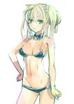  bikini black_bikini blonde_hair body_blush breasts cleavage copyright_request green_eyes hair_between_eyes hair_ornament hand_on_hip long_hair medium_breasts navel orion_(orionproject) side_ponytail simple_background sketch smile solo swimsuit white_background 