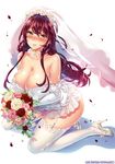  blush bouquet breasts bridal_veil cleavage dress elbow_gloves feet flower full-face_blush garter_straps gloves high_heels kuon_michiyoshi lace lace-trimmed_panties large_breasts open_toe_shoes panties petals red_hair rose rose_petals sandals shoes sitting solo thighhighs underwear veil wariza wedding_dress white_legwear yellow_eyes 