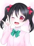  1girl black_hair blush bow bowtie cardigan futaba2328 green_bow green_bowtie hair_bow hand_up highres love_live! love_live!_school_idol_project nico_nico_nii one_eye_closed open_mouth pink_cardigan red_bow red_eyes school_uniform standing striped_bow striped_bowtie striped_clothes twintails winter_uniform yazawa_nico 