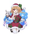  2girls alternate_costume animal_costume antlers ascot bell belt blonde_hair bow braid capelet crystal crystal_wings dress dress_bow fang flandre_scarlet fur-trimmed_capelet fur-trimmed_dress fur-trimmed_headwear fur_trim game_cg gift green_bow grey_hair hair_bow hakurei_frontier_spell_strive hat highres holding holding_gift horns izayoi_sakuya maid_headdress multicolored_wings multiple_girls official_art one_eye_closed open_mouth red_capelet red_eyes red_hat reindeer_antlers reindeer_costume santa_costume santa_dress santa_hat side_ponytail smile snowflakes subaru_(subachoco) thighhighs third-party_source touhou transparent_background twin_braids white_thighhighs wings yellow_ascot 