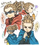  1boy ? ar_(rikuesuto) blue_cape brown_hair cape closed_mouth commentary_request crossed_arms dreadlocks drinking_straw drinking_straw_in_mouth goggles hood hooded_cape inazuma_eleven inazuma_eleven_(series) kidou_yuuto long_sleeves male_focus multiple_views open_mouth red_cape red_eyes shirt short_sleeves simple_background sweat translation_request upper_body white_background 