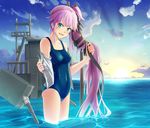  1girl aqua_eyes cloud covered_navel hair_ribbon head_tilt kantai_collection long_hair looking_at_viewer machinery ocean one-piece_swimsuit open_mouth purple_hair ribbon school_swimsuit side_ponytail sky solo sunset swimsuit turret very_long_hair wading water yura_(kantai_collection) 
