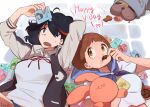  2girls artist_name blue_eyes blue_sailor_collar bob_cut brown_eyes brown_hair chocolate chocolate_on_face dog eating eyes_visible_through_hair fang food food_on_face gamagoori_ira guts_(kill_la_kill) hair_over_one_eye happy_valentine highres holding holding_stuffed_toy inumuta_houka jacket jakuzure_nonon kill_la_kill kiryuuin_satsuki long_sleeves looking_at_another lying mankanshoku_mako mankanshoku_matarou matoi_ryuuko multicolored_hair multiple_girls on_back open_clothes open_jacket red_hair sailor_collar sanageyama_uzu shirt short_hair short_sleeves streaked_hair stuffed_animal stuffed_toy sweatdrop two-tone_hair valentine_card vi_sh_l_er white_shirt 