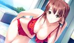  bikini black_eyes breasts brown_hair cleavage collarbone game_cg hand_on_ass hand_on_own_head hanging_breasts ichikawa_saasha jokei_kazoku jokei_kazoku_iii karasawa_kirara large_breasts leaning_forward light_smile long_hair looking_at_viewer red_bikini solo swimsuit wet 