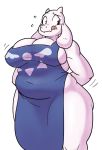  2018 anthro apron artbyyellowdog belly big_breasts boss_monster breasts caprine cleavage clothed clothing eyelashes female front_view fur goat horn huge_breasts long_ears mammal nipple_bulge red_eyes skimpy slightly_chubby solo standing thick_thighs tongue tongue_out toriel undertale video_games white_fur wide_hips 