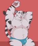  1boy animal_ears axel_(rtf) bara belly black_sclera blue_male_underwear bulge claws closed_mouth colored_sclera english_commentary fang fang_out fat furry furry_male highres hitzuca looking_at_viewer male_focus male_underwear muscular muscular_male navel nipples pawpads pectorals red_background remember_the_flowers smile tail tiger_boy tiger_ears tiger_stripes tiger_tail tongue tongue_out topless_male underwear 