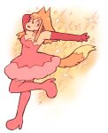 animal_nose anthro arm_outstretched armwear blush blush_lines boots breasts canid canine choker cleavage clothed clothing digital_media_(artwork) dress elbow_gloves eyelashes female footwear fox fox_tail foxglove_(kewpiekills) gloves hair hand_behind_head handwear hi_res high_heeled_boots high_heels jewelry kewpiekills lights magical_girl_outfit mammal necklace on_one_leg orange_ears orange_hair orange_tail pendant pink_armwear pink_boots pink_choker pink_clothing pink_dress pink_elbow_gloves pink_footwear pink_gloves pink_handwear pink_jewelry pink_necklace shoes signature simple_background smile solo standing tail white_background
