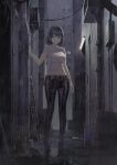  1girl alley belt belt_buckle black_boots black_hair black_pants boots bottle breasts bucket buckle claw_mark closed_mouth crop_top grey_belt grey_eyes hand_up highres industrial_pipe jchoy ladder medium_breasts midriff original outdoors pants rain shirt short_hair short_sleeves solo white_shirt 