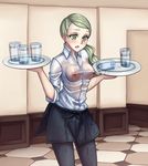  apron blush breasts covered_nipples dual_wielding glass green_eyes green_hair highres holding long_hair medium_breasts monorus nipples no_bra pokemon pokemon_(game) pokemon_xy ponytail see-through skirt sleeves_pushed_up solo spill tray waist_apron waitress waitress_(pokemon) water wet wet_clothes 