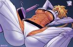  1girl 2023 abs artist_name bleach blonde_hair breast_tattoo breasts commentary dark-skinned_female dark_skin english_commentary green_eyes highres large_breasts lying number_tattoo on_back revealing_clothes sheath sheathed solo sword tattoo tier_harribel underboob weapon whox 