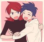  2boys arm_around_back black_shirt blue_hair blush border chueog closed_eyes closed_mouth clothes_grab curtained_hair dot_nose ethan_(pokemon) hand_on_another&#039;s_arm highres hood hood_down hoodie long_sleeves looking_at_another male_focus multiple_boys open_mouth parted_bangs pokemon pokemon_hgss purple_eyes red_hair shirt shirt_grab silver_(pokemon) small_sweatdrop sweat upper_body white_border white_hoodie yaoi 