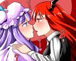  after_kiss hat head_wings kiss koakuma long_hair looking_at_another multiple_girls patchouli_knowledge purple_eyes purple_hair red_eyes red_hair saliva saliva_trail sei_(kaien_kien) touhou wings yuri 