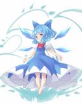  blue_dress blue_eyes blue_hair cirno dress hair_bobbles hair_ornament puffy_short_sleeves puffy_sleeves shirt short_sleeves solo touhou wings yuuki_(yuyuki000) 