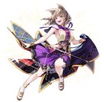  1girl blonde_hair blue_cape blush bracelet breasts cape earmuffs full_body game_cg hakurei_frontier_spell_strive highres holding holding_cape holding_unworn_clothes jewelry long_hair looking_at_viewer official_art open_mouth pointy_ears pointy_hair purple_skirt ritual_baton sheath sheathed shirt sideboob skirt sleeveless sleeveless_shirt smile solo sword syuri22 third-party_source touhou toyosatomimi_no_miko transparent_background weapon white_shirt yellow_eyes 