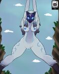anthro areola artist_logo artist_name biped blue_areola blue_nipples bovid breasts caprine cliff cloud day english_text female fur genitals hair hi_res kindred_(lol) lamb_(lol) league_of_legends logo low-angle_view mammal mask navel nipples nude outside piekiller plant pussy riot_games sheep sky solo tencent text tree wearing_mask white_text