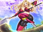  1girl blonde_hair blush breasts game_cg huge_breasts long_hair ma_wo_haramu_buki open_mouth outdoor outdoors pichipichi_garou_r polearm solo spear weapon 