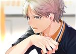  haikyuu!! kanameyura male_focus mole mole_under_eye orange_eyes silver_hair solo sportswear sugawara_koushi sweat 