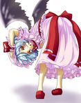  aya-on_(miria00) bat_wings bent_over blue_hair hand_on_headwear hat hat_ribbon highres looking_at_viewer looking_back mob_cap no_socks open_mouth red_eyes remilia_scarlet ribbon sash shadow shoes short_hair simple_background skirt skirt_set solo touhou white_background wings wrist_cuffs 