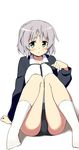  arm_support black_panties blush bottomless glastonbury1966 green_eyes jacket knees_together_feet_apart long_sleeves open_mouth panties sanya_v_litvyak shadow short_hair silver_hair simple_background sitting socks solo strike_witches underwear white_background white_legwear world_witches_series zipper 