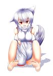  absurdres animal_ears banned_artist bare_shoulders barefoot breast_hold breasts detached_sleeves fang full_body happy highres inubashiri_momiji large_breasts looking_at_viewer oohirakeisuke open_mouth panties pantyshot pantyshot_(sitting) pom_pom_(clothes) red_eyes short_hair silver_hair simple_background sitting solo tail touhou underwear wolf_ears wolf_tail 