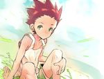  closed_mouth coin_rand gon_freecss grass green_eyes hand_on_leg hunter_x_hunter looking_at_viewer male_focus red_hair shirt shorts simple_background sitting sleeveless solo spiked_hair tank_top white_shirt 