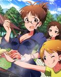  akizuki_ritsuko antenna_hair bracelet breasts brown_eyes brown_hair cleavage earrings fukuda_noriko glasses idolmaster idolmaster_(classic) idolmaster_million_live! jewelry kitazawa_shiho medium_breasts multiple_girls necklace official_art one_eye_closed short_hair 