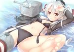  &gt;:( amatsukaze_(kantai_collection) bad_id bad_pixiv_id barefoot black_bra black_panties blush bow bow_bra bow_panties bra brown_eyes cameltoe dress feet foreshortening frown garter_straps hand_on_own_head kantai_collection long_hair looking_at_viewer navel open_clothes open_dress panties red_legwear rensouhou-kun ryo sailor_dress short_dress silver_hair single_thighhigh solo striped striped_legwear thighhighs two_side_up underwear v-shaped_eyebrows 