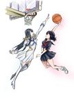  aru_bisshu basketball basketball_hoop black_hair blocking boots clenched_teeth dress epaulettes jumping junketsu kill_la_kill kiryuuin_satsuki long_hair matoi_ryuuko midriff multiple_girls outstretched_arm senketsu shoes short_hair skirt sneakers teeth thigh_boots thighhighs 