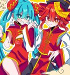  2girls absurdres ahoge aqua_eyes aqua_hair aqua_nails bracelet china_dress chinese_clothes dress drill_hair earrings fingernails hair_between_eyes hair_ornament hand_on_own_hip hatsune_miku highres hip_vent jewelry kanazuchio kasane_teto light_frown multiple_girls nail_polish odochina_(vocaloid) red_dress red_eyes red_hair red_nails red_trim side_slit smile synthesizer_v twin_drills twintails utau wide_sleeves yellow_background 
